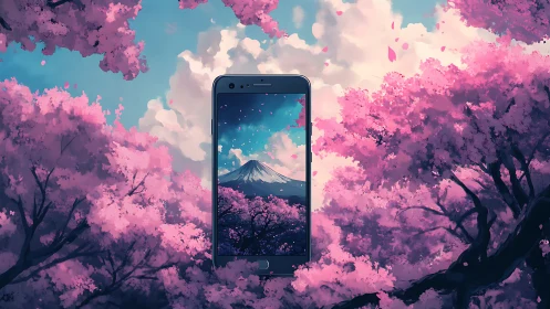 Smartphone framing mountain view amid cherry blossoms.