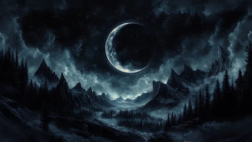 Crescent moon above dark alpine valley under star field.