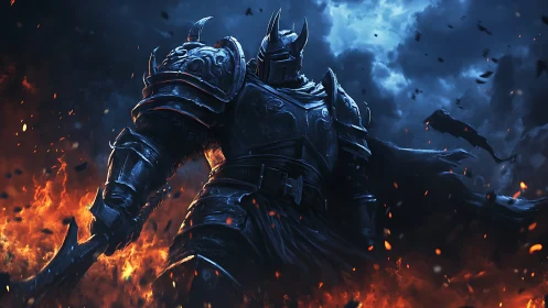 Dark armored warlord rising through fire and stormy night.