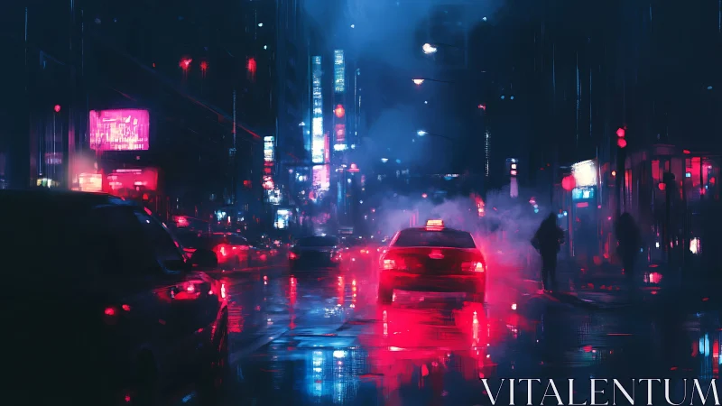 Neon taxi glides through misty cyberpunk city streets.