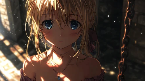 Soft sunlight and shy blue eyes in a quiet, tender moment.