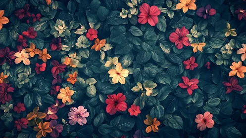 Floral arrangement with mixed bloom varieties against dark foliage background.