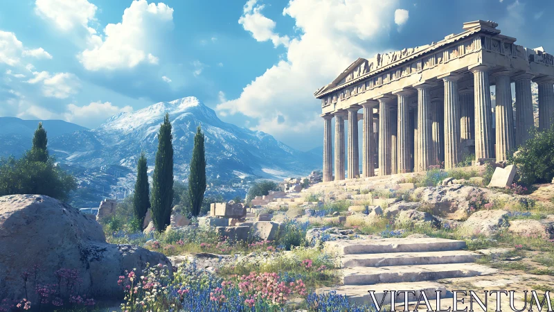 Digital render shows ruined classical temple above rocky meadow