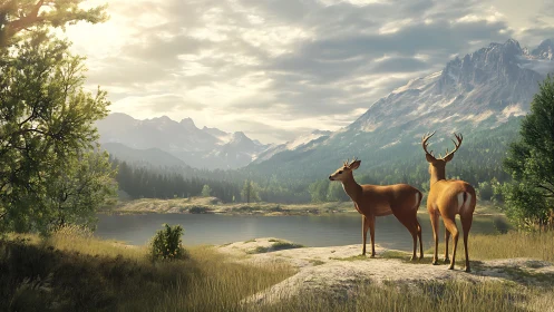 Two deer standing by mountain lake in soft morning light.