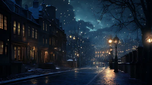 Snowfall illuminates a quiet historic street at night