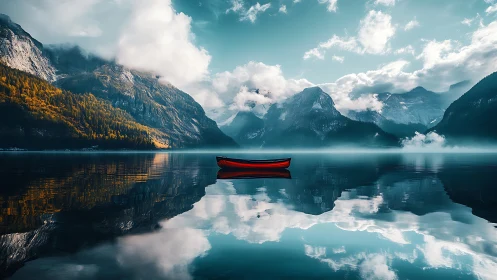 Solitary red canoe adrift on mirror-still alpine dreamlake.