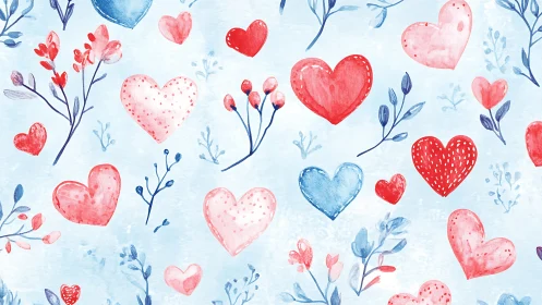 Watercolor Hearts and Botanical Pattern on Light Blue Background
