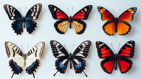 Colorful butterfly specimens aligned on clean white surface