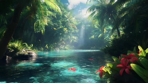 Tropical lagoon shows clear turquoise water and dense foliage