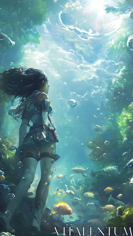 Girl explorer drifting through radiant underwater world.