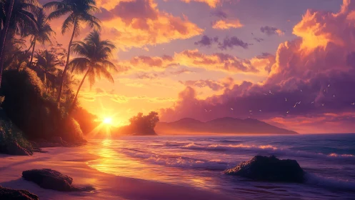 Digital sunset seascape with tropical coastline illumination.