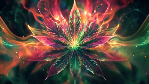 Neon cannabis leaf glows against abstract swirling flames