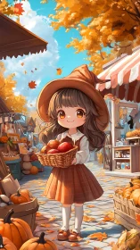 Child holding apple basket in autumn street market scene.