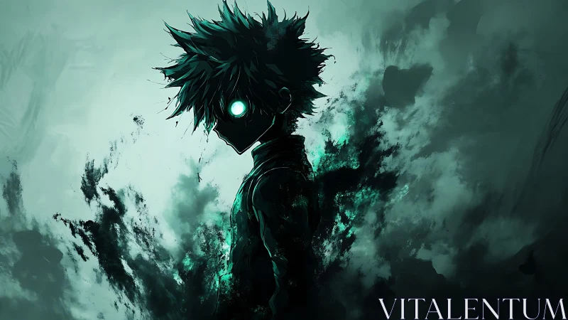 Mysterious glowing-eyed hero emerging from swirling shadows.