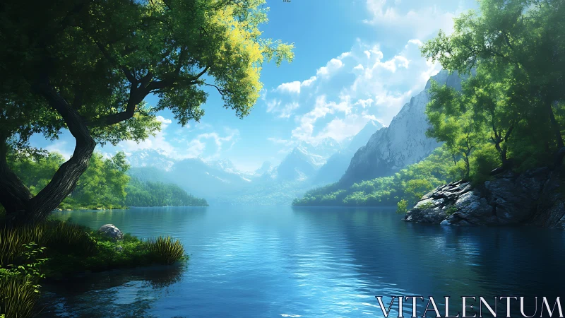 Calm mountain lake with trees under clear blue sky.