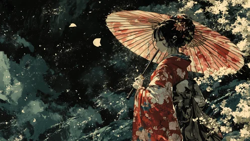 Woman in red kimono holding parasol under falling blossoms.