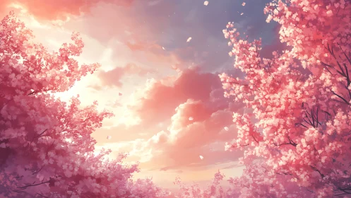 Cherry blossoms frame glowing sunset sky with drifting petals