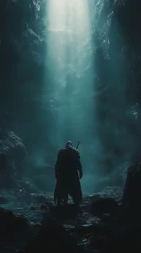 Lone cloaked warrior under cavern light shafts.