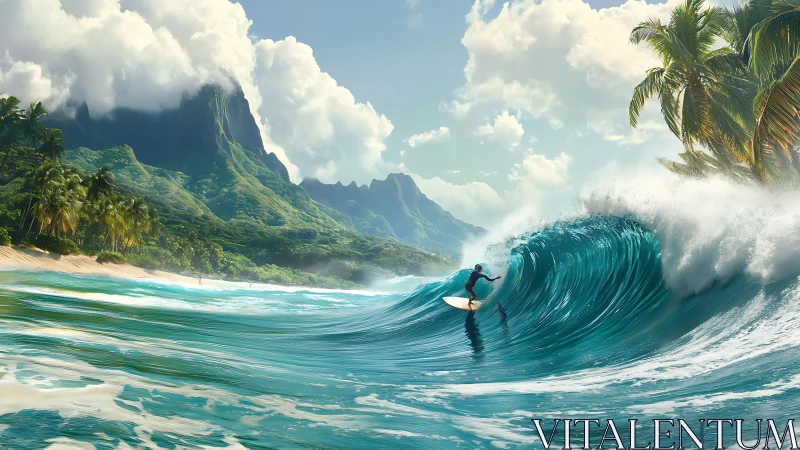 Digital seascape with surfer and tropical mountainside backdrop.
