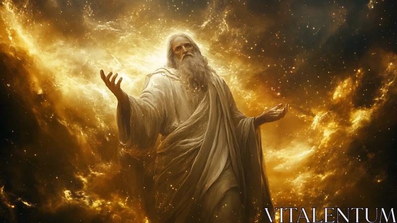 Celestial sage rising through molten starlight and glory.