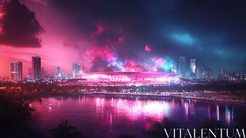 Illuminated urban stadium beside reflective waterfront at dusk.