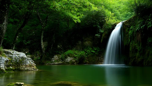 Forest waterfall pours into still emerald pool at dusk