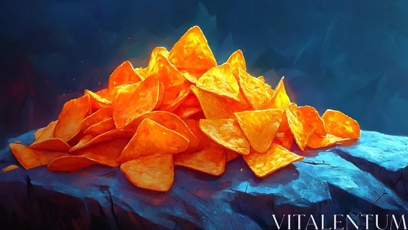 Digital painting of glowing nacho chips on rocky pedestal.