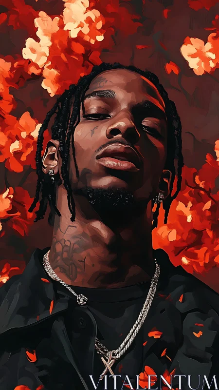 Confident man with chains against bold red floral backdrop.