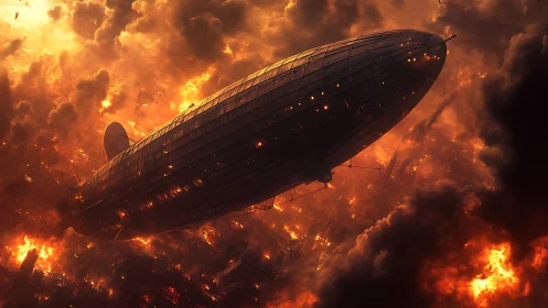 Armored zeppelin crosses infernal cityscape under volumetric fire