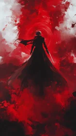 Sword-wielding silhouette faces swirling crimson vortex