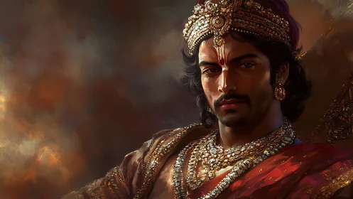 Digital painting portrait of regal warrior in jewel-toned chiaroscuro.