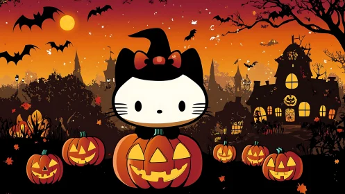 Hello Kitty Halloween Scene with Jack-o'-Lanterns and Gothic Architecture