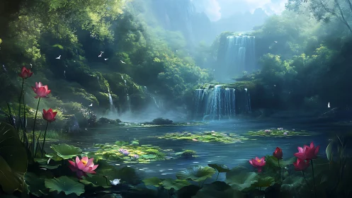 Lush multi tier waterfall lagoon with lotus blossoms and birds