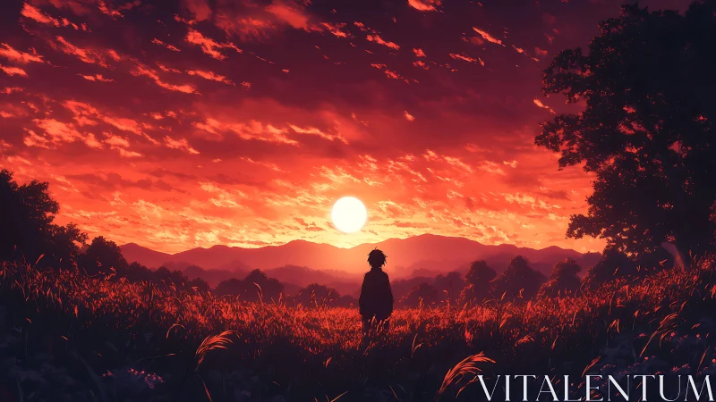 Solitary figure watches a blazing red sunset over silent hills