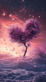 Heart-Shaped Tree in Dreamy Pink Clouds.