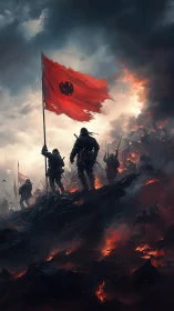 War-torn soldiers raising crimson flag on burning ridge.