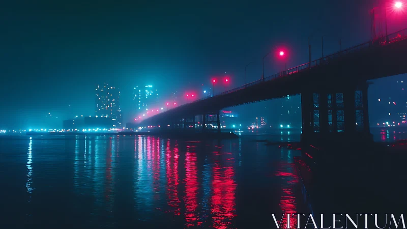 Urban bridge spans river under neon lights at night