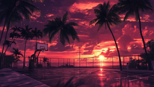 Neon sunset basketball court framed by silhouetted palm trees
