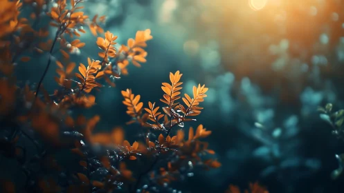 Golden backlit foliage with cinematic teal bokeh glow.