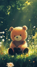 Soft-fur toy bear under volumetric forest sunlight field.