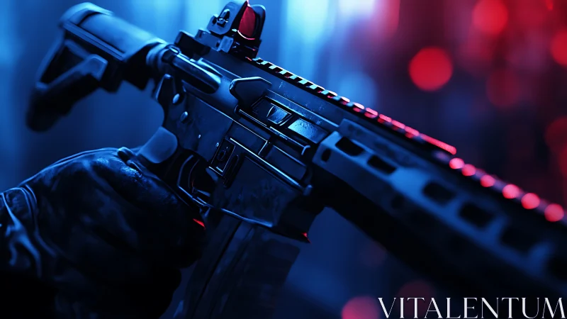 Modern tactical rifle in close-up with red and blue lighting.