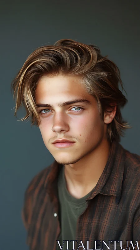 Photorealistic studio portrait of young man, soft edge lighting.