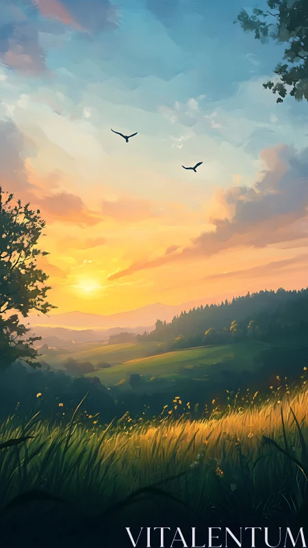 Golden valley sunset bathes rolling hills in tranquil light.