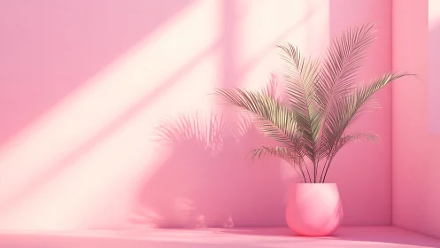 Palm plant in pink pot against soft pastel wall.