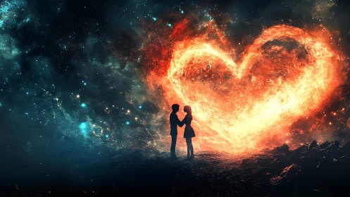 Two silhouetted figures positioned before an incandescent heart-shaped energy formation displaying l