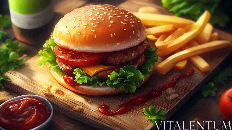 Sunlit sesame burger throne with golden-fries sidekick feast.