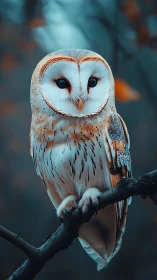 Barn owl perched on branch in soft teal forest light.