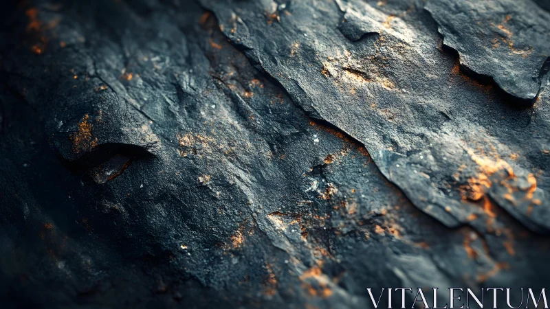 Close-up of Dark Textured Slate Rock Surface with Warm Lighting.