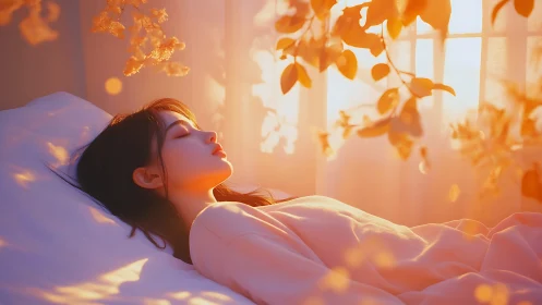 Woman resting in warm sunrise light on soft white bed.