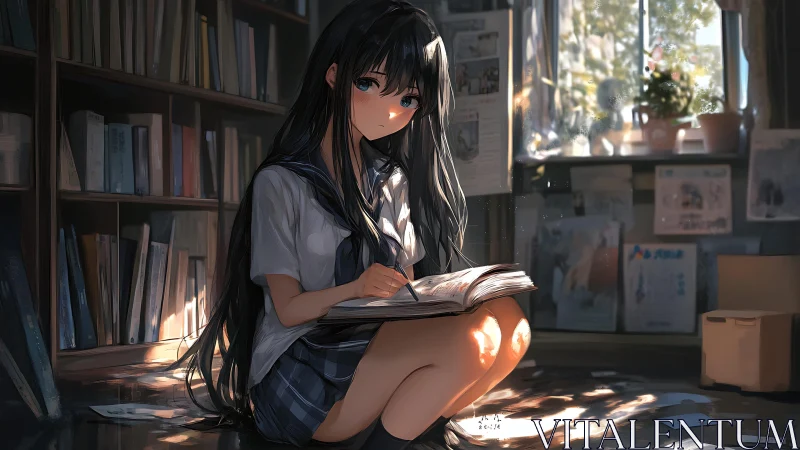 Soft backlit anime student studies in sunlit library interior